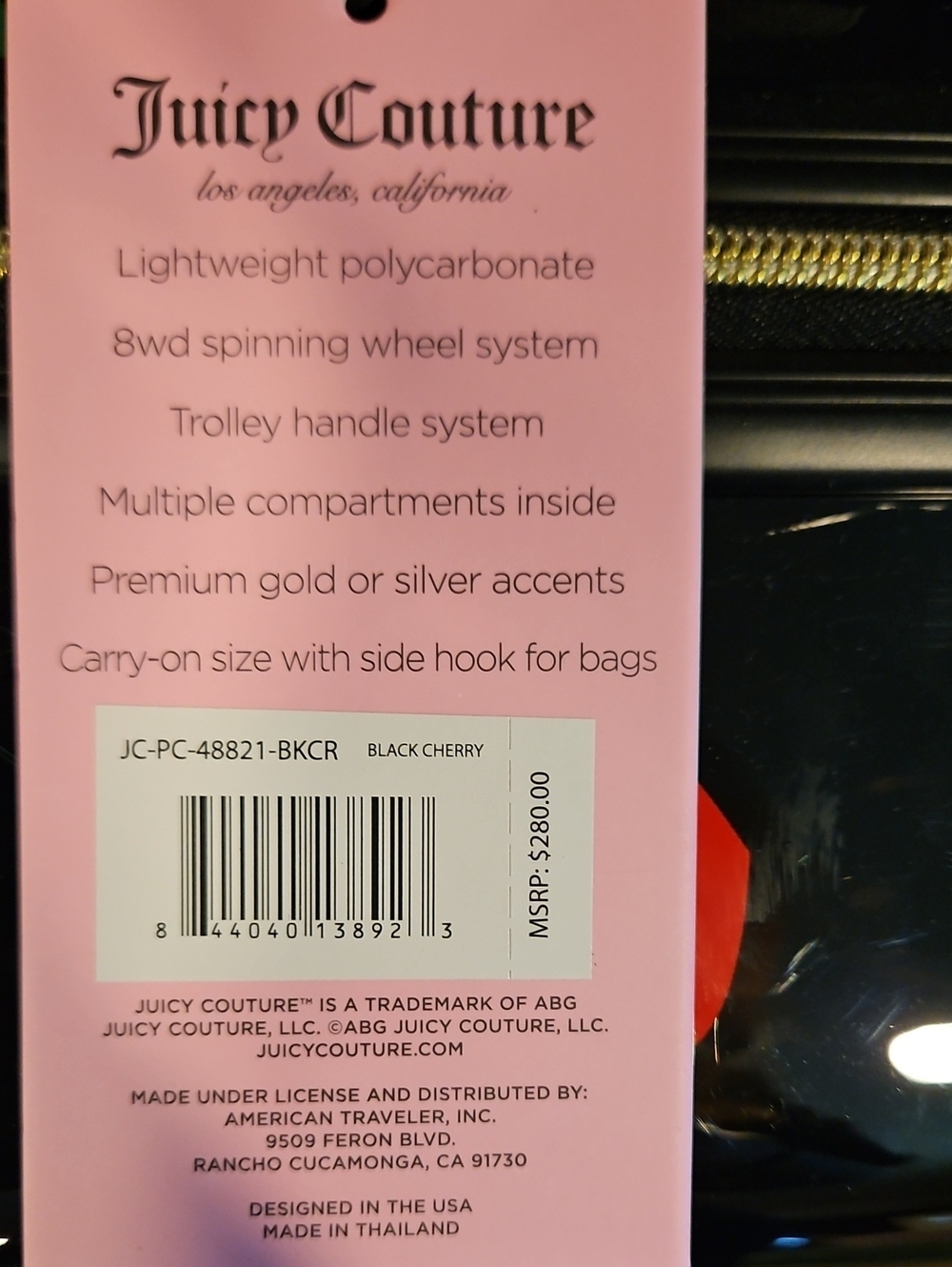 Juicy Couture Black Cherry Carry-On with Gold Zipper Accents - Picture 2 of 8